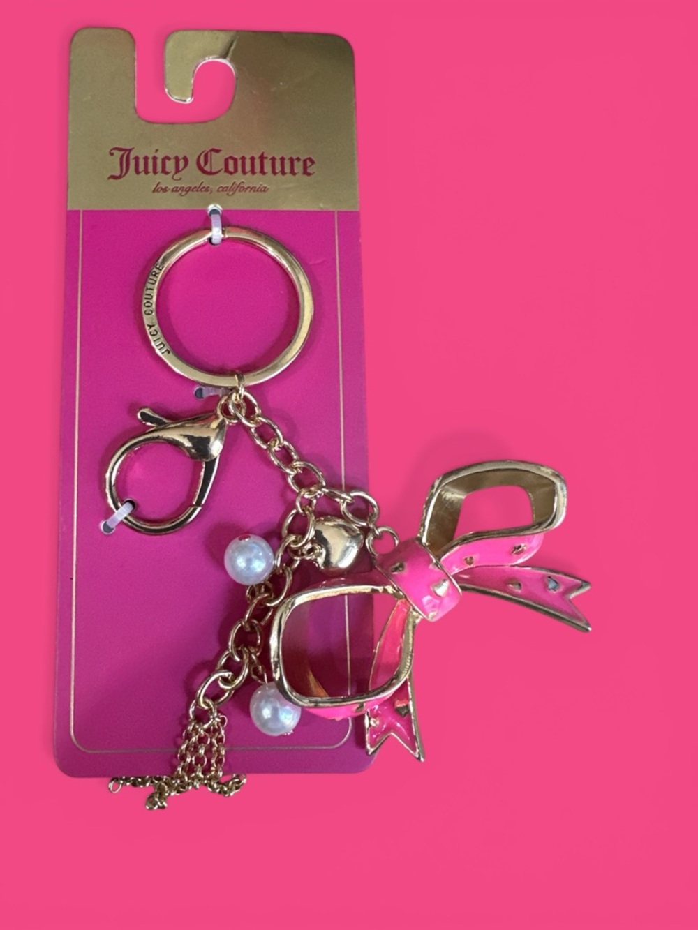 Juicy Couture Gold & Hot Pink Bow Keyring with Pearl Charms